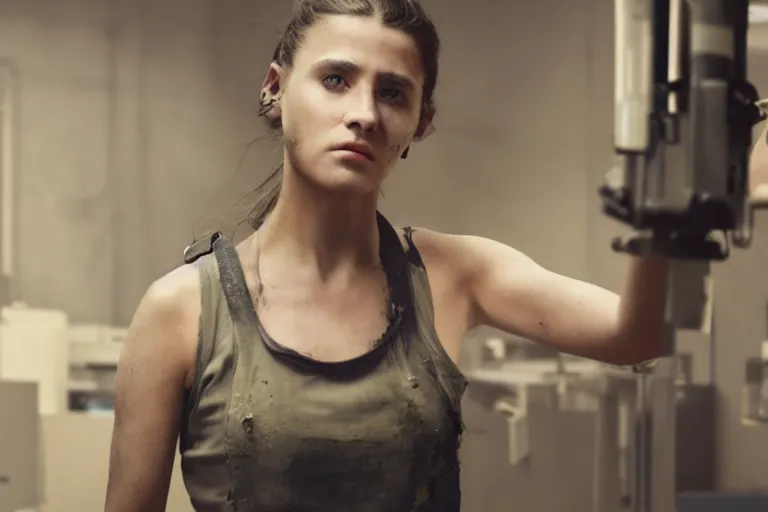 Image similar to promotional image from a dystopian sci - fi movie, a young woman wearing a dirty tank top, in a dark dystopian lab, muted colors, very dark, medical equipment, 8 k, cinematic, dramatic lighting, very detailed face, movie still frame, promotional image, imax 7 0 mm footage