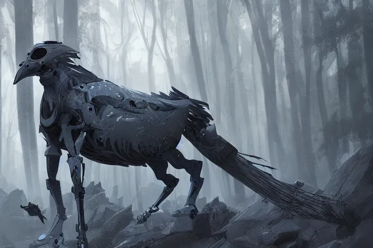 Prompt: cyborg horse merged with shoebill, digital art made by makoto shinkai, lois van baarle, greg rutkowski and jakub rebelka, highly detailed, symmetrical, extremely coherent, smooth, shaped focus, dystopian gray forest background, skull