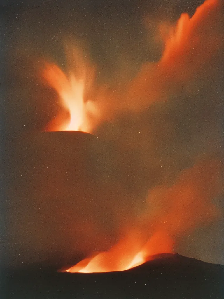 Prompt: An Icelandic Volcano violently spewing a rocket of lava into space, dark background, photograph by William Eggleston