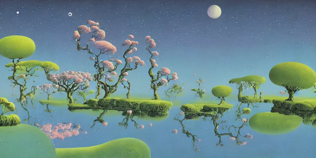 Image similar to blossom trees on a floating world with deep blue starry sky by roger dean