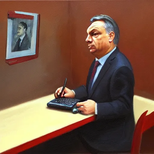 Image similar to viktor orban tiktok on his phone in a cubicle, oil painting