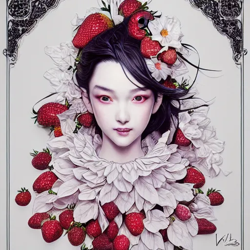 Image similar to the portrait of an absurdly beautiful, graceful, elegant, sophisticated, fashionable young gravure idol made of strawberries and white petals, an ultrafine hyperdetailed illustration by kim jung gi, irakli nadar, intricate linework, bright colors, octopath traveler, final fantasy, unreal engine 5 highly rendered, global illumination, radiant light, detailed and intricate environment