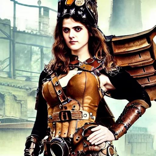 Prompt: full body photo of alexandra daddario as a steampunk amazon warrior