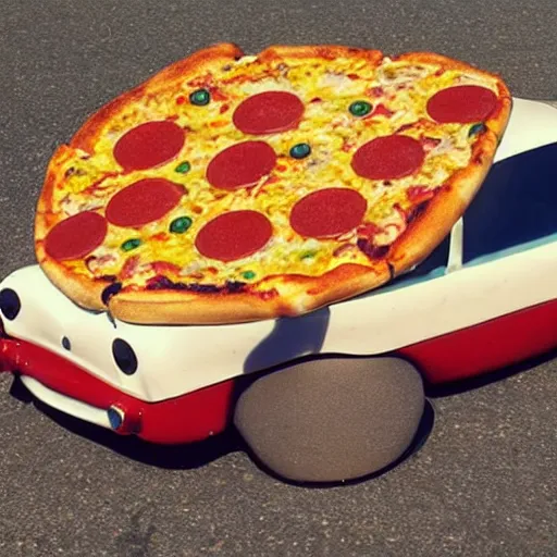 Image similar to car made out of pizza