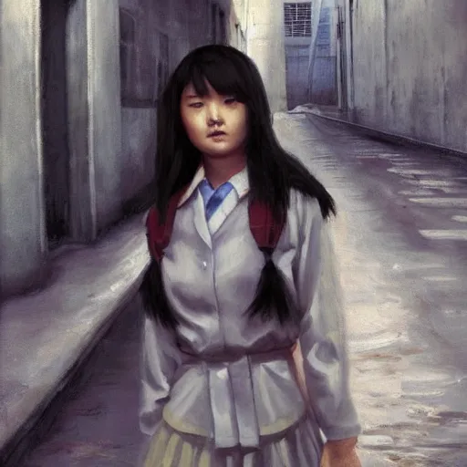 Image similar to a perfect, realistic professional socialist realism socrealist painting of a Japanese schoolgirl posing in a dystopian alleyway, style of Marvel, full length, by a professional Soviet senior artist on ArtStation, a high-quality concept