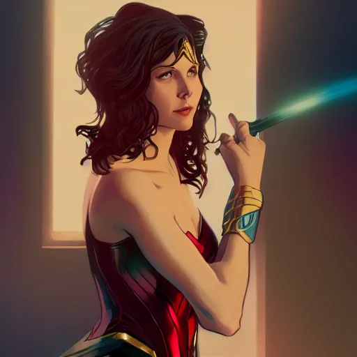 Image similar to Meg Ryan as Wonder Woman, ambient lighting, 4k, alphonse mucha, lois van baarle, ilya kuvshinov, rossdraws, artstation