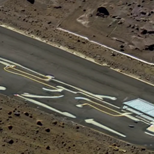 Prompt: aerial footage of Area 51, ufos parked on the ground