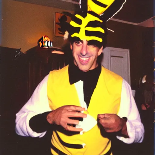 Image similar to jerry seinfeld dressed as a bee, halloween party, polaroid