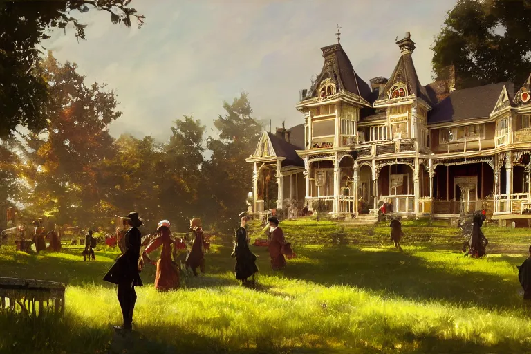 Image similar to an ornate victorian house, party in front, scene in an open field. 1 8 9 0, key visual, conceptart, ambient lighting, highly detailed, digital painting, artstation, concept art, sharp focus, by makoto shinkai and akihiko yoshida and greg manchess