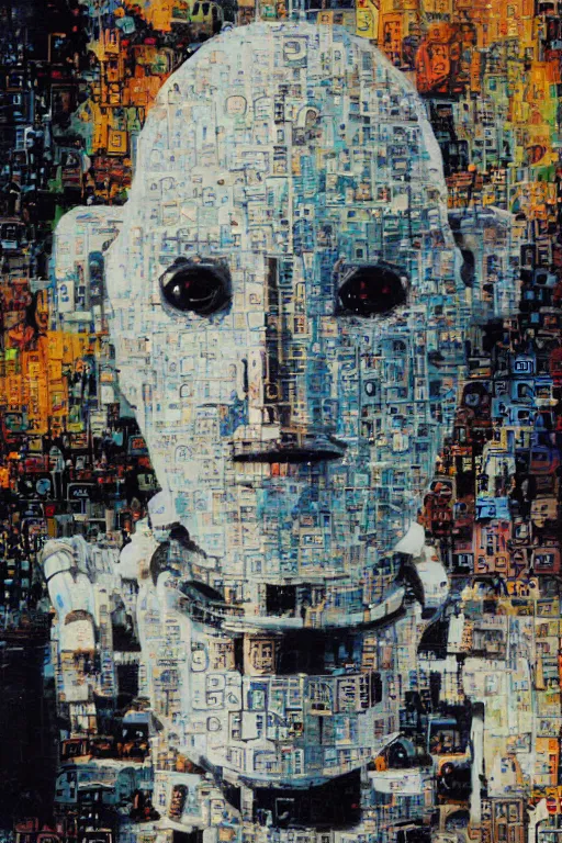 Image similar to robot monk painting a self - portrait on a canvas. intricate, highly detailed, photorealistic, film still, by christopher doyle.