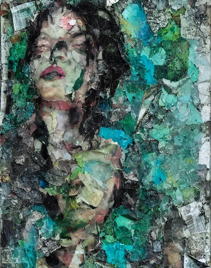 Prompt: bad witch from fight club detailed mixed media collage with canvas texture in style of contemporary art, punk art, photorealism, sensual bodies, expressionism, masterpiece, perfect composition, spectacular quality, intricate oil details, broken glass photo, torn paper intricate texture, large cracks, liquid glue spots, dark green and cyan chaotic background