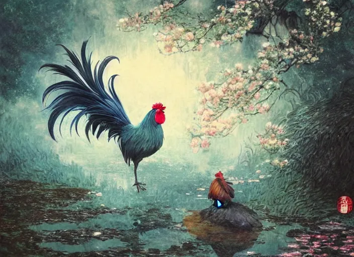 Image similar to a gorgeous paradise rooster japanese art is looking at a bird, ethereal, horror, fantasy art by greg rutkowski and magali villeneuve and claude monet