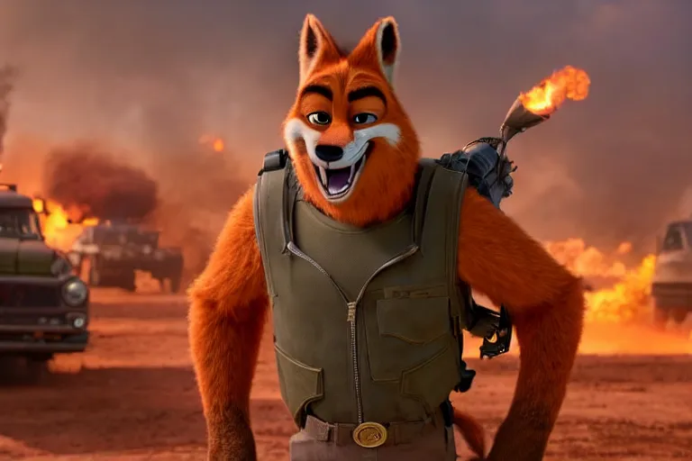 Image similar to nick wilde ( from zootopia ), heavily armed and armored facing down armageddon in a dark and gritty reboot from the makers of mad max : fury road