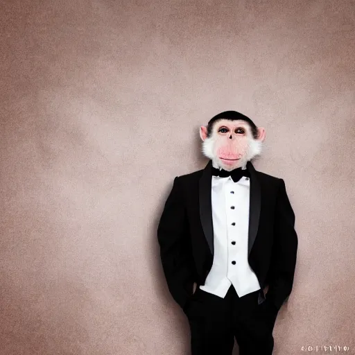 Prompt: monkey wearing a tuxedo, studio photography,