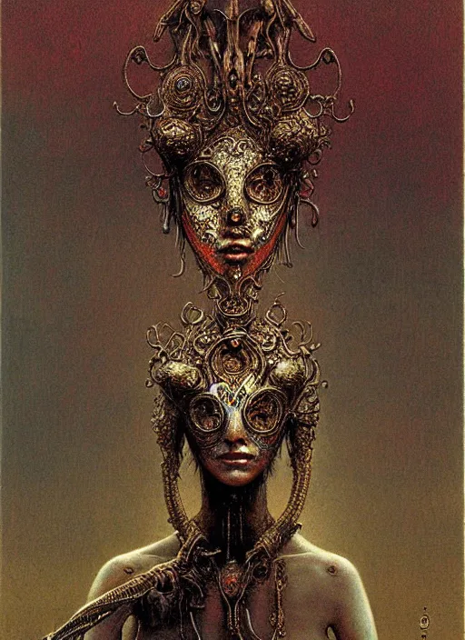 Prompt: full body girl in detailed ornamental mask by Beksinski and Luis Royo