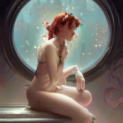 Image similar to A pouting fairy sitting in a jar, digital painting, detailed, artstation, Krenz Cushart, Greg Rutkowski, Alphonse Mucha, Artgerm