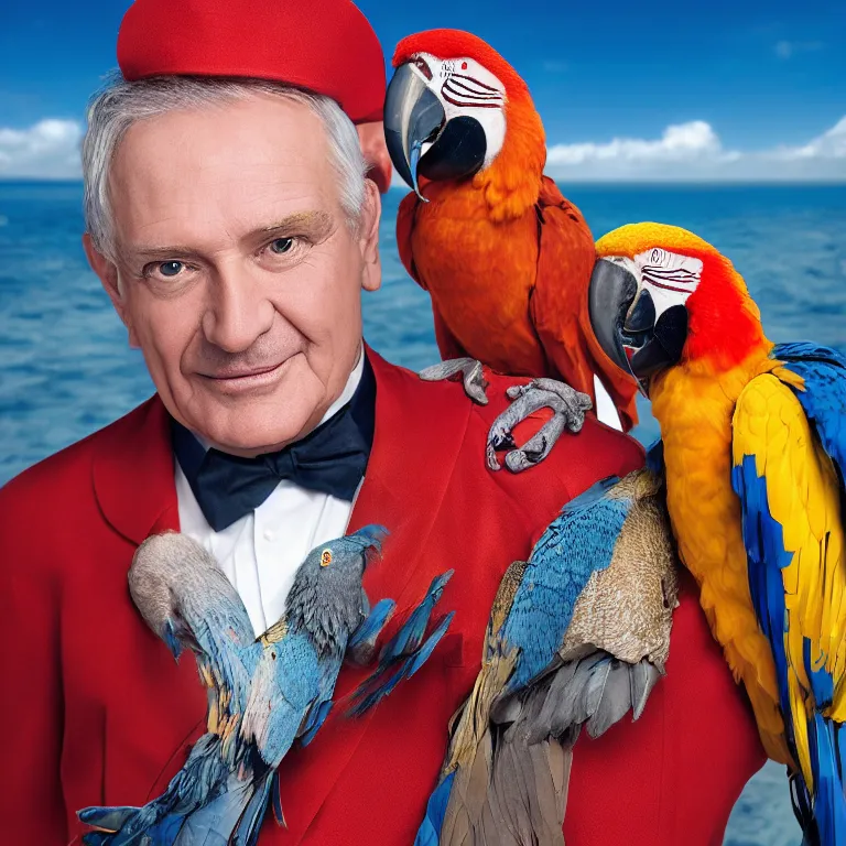 Image similar to high fashion photoshoot octane render portrait by wayne barlow and carlo crivelli and glenn fabry, a distinguished sea captain wearing a colorful uniform and holding a colorful macaw while standing on a beautiful high - end white and wood yacht, very short depth of field, bokeh