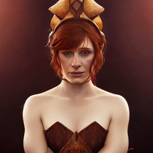 Image similar to portrait of Bryce Dallas Howard , extra onions and ketchup, luscious patty with sesame seeds, feminine ethereal, handsome, D&D, fantasy, intricate, elegant, highly detailed, digital painting, artstation, concept art, matte, sharp focus, illustration, art by Artgerm and Greg Rutkowski and Alphonse Mucha