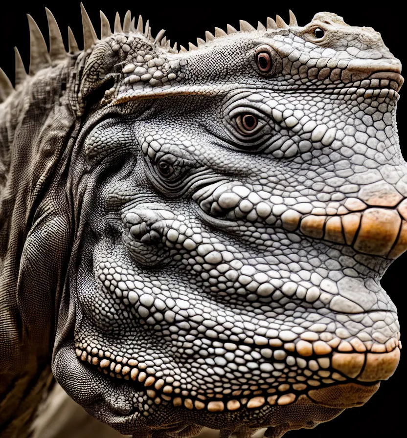 Image similar to iguana head the head has a symmetrical horn and tumor, and there is a rhino horn at the front of the beak, rich detail realistic photoreal photorealistic octane render 8 k