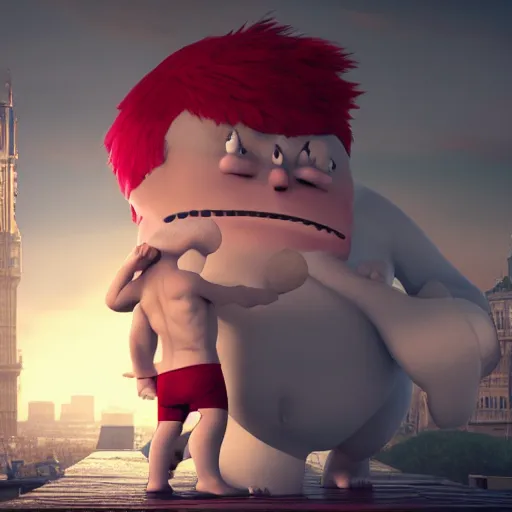 Image similar to Boris Johnson with captain underpants body, realistic artstyle, wide shot, dramatic lighting, octane render, hyperrealistic, high quality, highly detailed, HD, beautiful, cinematic, 8k, unreal engine, facial accuracy, symmetrical