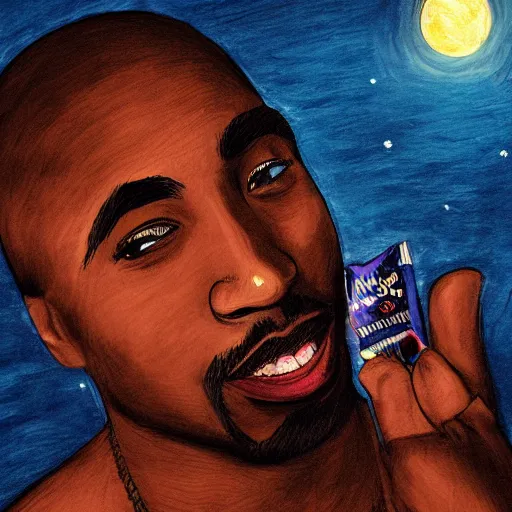 Image similar to tupac eating chocolate bar in the moonlight at night, digital art