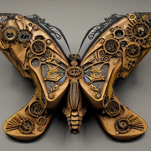 Prompt: steampunk concrete symetric butterfly figurine designed by h. r. giger,, architecture, painted by moebius and jean - michel charlier, colorful, extremely detailed faces, intricate linework, smooth, super sharp focus, high contrast, matte