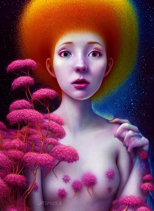 Image similar to hyper detailed 3d render like a Oil painting - kawaii standing portrait Aurora (auburn haired Singer Weaslwaif) seen Eating of the Strangling network of yellowcake aerochrome and milky Fruit and Her delicate Hands hold of gossamer polyp blossoms bring iridescent fungal flowers whose spores black the foolish stars by Jacek Yerka, Mariusz Lewandowski, Houdini algorithmic generative render, Abstract brush strokes, Masterpiece, Edward Hopper and James Gilleard, Zdzislaw Beksinski, Mark Ryden, Wolfgang Lettl, hints of Yayoi Kasuma, octane render, 8k