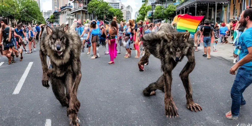 Prompt: a werewolf on the streets of New Orleans at pride