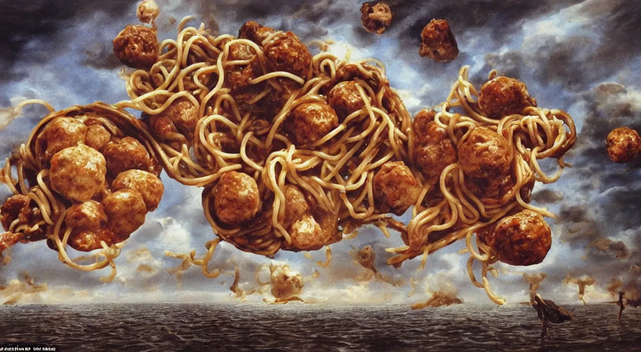 Image similar to 3 0 perfect woman bodies flying inside spaghetti bolognesa with meatballs and hundred rusted perfect woman bodies flying in stormy clouds by dali, hyper - realism