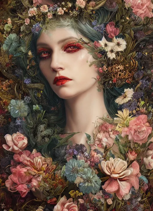 Image similar to portrait of the queen of the underworld, surrounded by flowers by karol bak, james jean, tom bagshaw, rococo, beautifuleyes!!, trending on artstation, cinematic lighting, hyper realism, octane render, 8 k, hyper detailed.