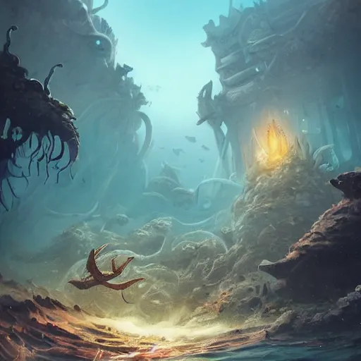 Image similar to Astronauts and some mythical animals are under the sea, they are swimming away from the giant kraken, the leviathan is behind hunting them, this is an extravagant planet with wacky wildlife, the background is full of ancient ruins, the ambient is dark with a terrifying atmosphere, by Jordan Grimmer digital art, trending on Artstation,