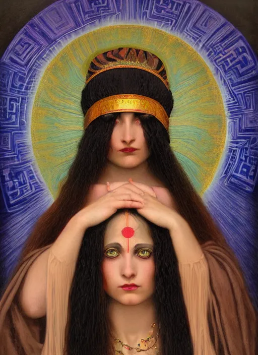 Image similar to acid tripping cult magic psychic woman, third eye, occult ritual, dark witch headdress, oil painting, robe, symmetrical face, greek dark myth, by John William Godward and Anna Dittman, masterpiece