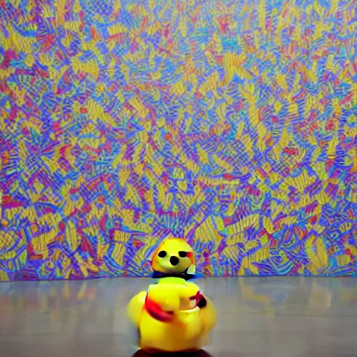 Prompt: one hyper real rubber duck on a pedestal in an art gallery, the walls are covered with colorful geometric wall paintings in the style of sol lewitt.