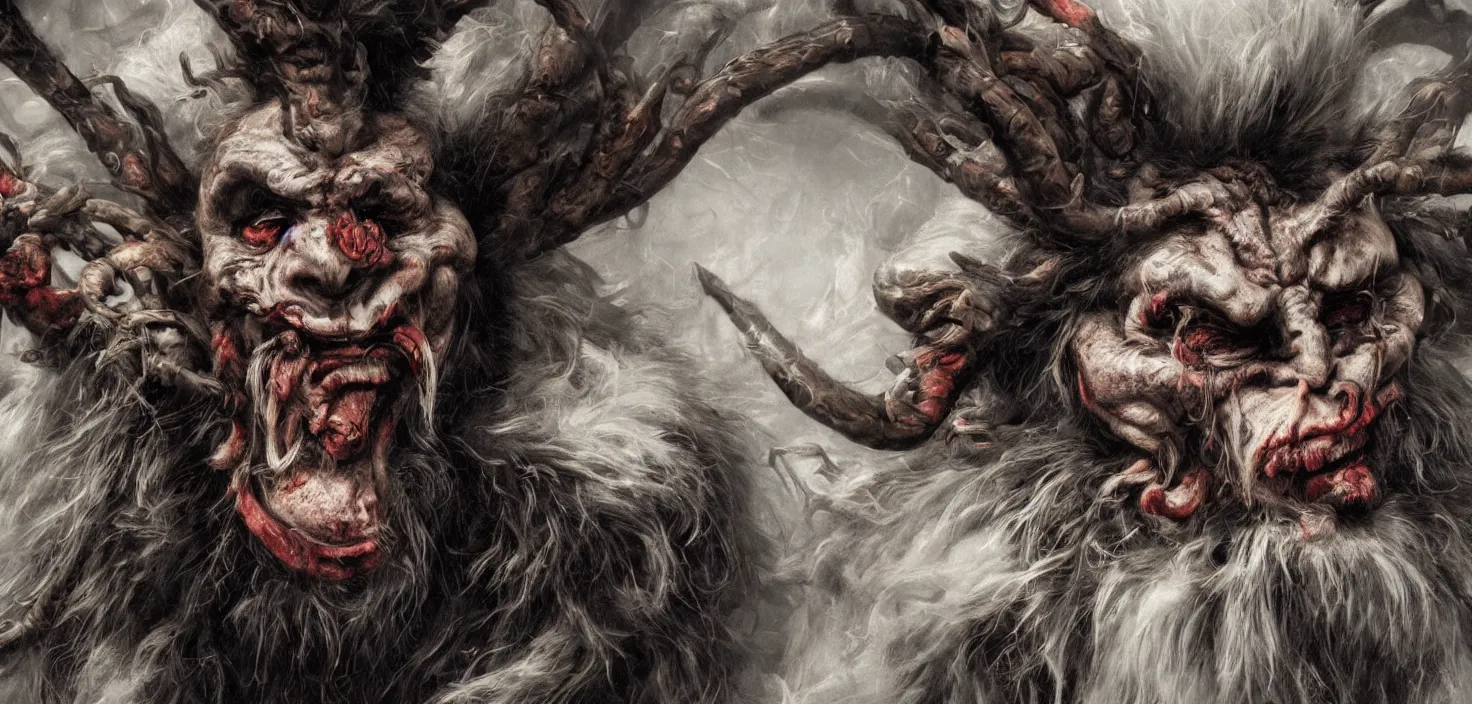 Image similar to hyperrealist highly detailed neo-baroque portrait of krampus standing in dolomites concept art pascal blanche dramatic studio lighting 8k wide angle shallow depth of field