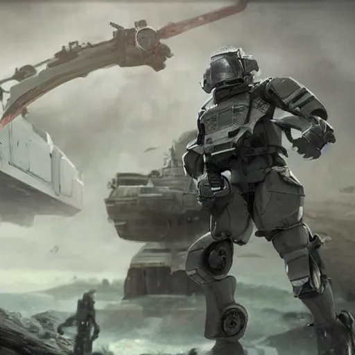 Image similar to photograph of an stern old man wearing futuristic gray heavy exosuit armor with navy blue detailing holding a white plastoid shield in his left hand and a blaster in his right hand. in the background there is a scifi battle taking place with trenches and force - field generator trucks and laser machineguns on a rolling green plains with snowcapped mountains in the distance. science fiction.