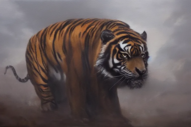 Image similar to A dark, brooding oil painting of a snarling tiger, establishing shot, high-quality, professional, dramatic lighting, extremely high detail, trending on artstation