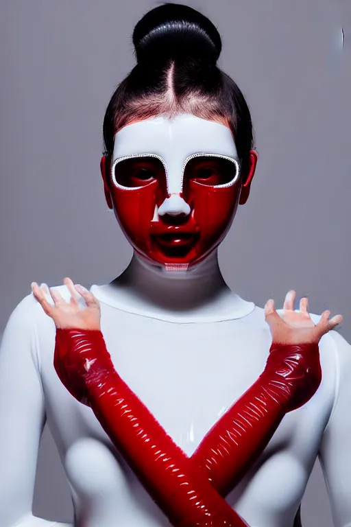 Image similar to symmetrical portrait of a woman wearing a red embroidered translucent silicone mask and black frizzy hair buns, wearing a white bodysuit, white background, soft diffused light, biotechnology, futuristic aesthetic, translucent, ethereal, intricate details, highly detailed, masterpiece,