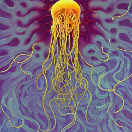 Prompt: weird jellyfish by jeff koons, m. c. escher, zdzisław beksinski, beeple, rutkowski, and alphonse mucha, chihuly