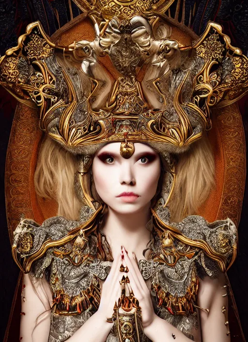 Image similar to a portrait of female priestess by candy makeup, photorealistic, intricate details, hyper realistic, fantasy, elegant, baroque, horn, ram skull headpiece, photorealistic, photography, symmetrical features, symmetrical pose, wide angle shot, feet on the ground, wearable art, unreal engine