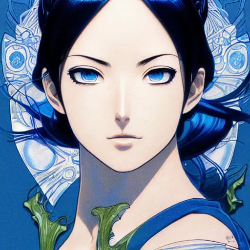 Image similar to highly detailed vfx portrait of nico robin by eiichiro oda!, makoto shinkai, alphonse mucha, art by artgerm and greg rutkowski!, backlit, harsh overhead sunlight, blue eyes!!, large aquiline nose!!, kaoru mori, best of behance, concept art, matte, sharp focus, illustration,