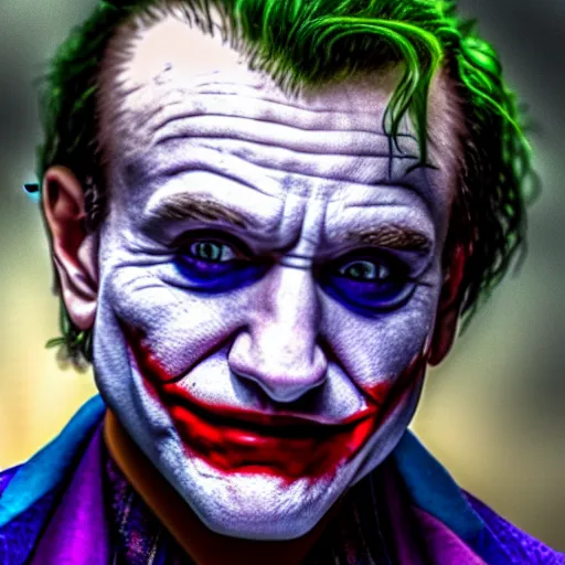 Image similar to stunning awe inspiring ( robin williams ) as the joker 8 k hdr movie still atmospheric lighting