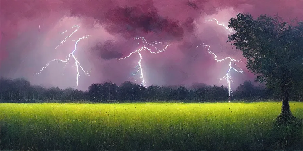 Image similar to lightning strikes a tree in the middle of a field, painting By Alena Aenami,