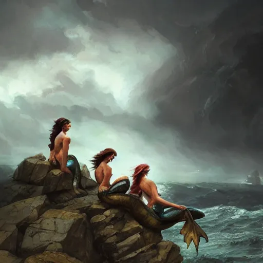 Prompt: three mermaids on a rock, sinking ship in the background, stormy thunderstorm, by greg rutkowski, magic the gathering, trending on artstation, highly detailed, 4 k