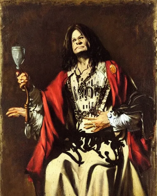 Image similar to Ozzy Osbourne as a royal courtly magician in the 17th century. Baroque portrait in the style of Caravaggio, William Merritt Chase, Goya.