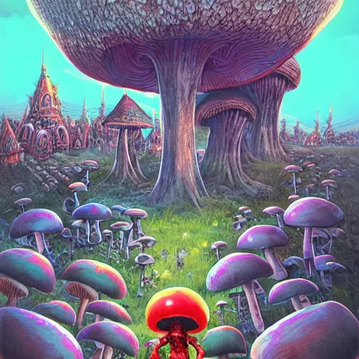 Image similar to 4 k headshot portrait of a psychedelic demonic anthropomorphic insect knight with mushroom themed clothes, magic mushroom village in background by jeff easley, award winning, stylized neon, post - processing, masterpiece, superb resolution. in the art style of junji ito and greg rutkowski. detailed mushroom city in background. hyper realistic anime. perfect art. dalle 2