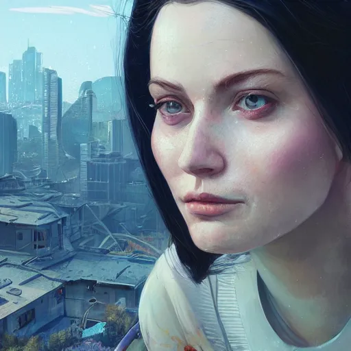 Image similar to highly detailed portrait of a woman with robot face in gta v, stephen bliss, unreal engine, fantasy art by greg rutkowski, loish, rhads, ferdinand knab, makoto shinkai and lois van baarle, ilya kuvshinov, rossdraws, tom bagshaw, global illumination, radiant light, detailed and intricate environment