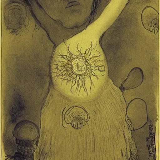 Image similar to the polyp goddess stretches her fungal spores amidst tick tock wretches and one two three, lithography print by Odilon Redon