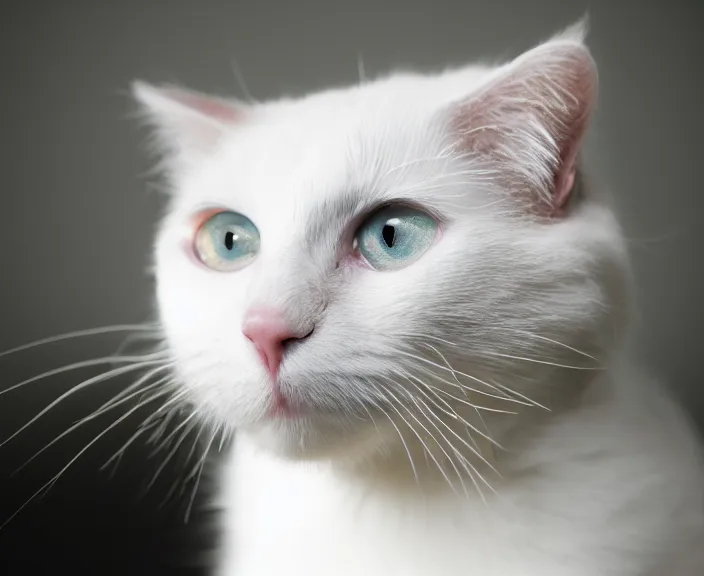 Image similar to 4 k hd, high detail photograph of a white cat with black head, shot with sigma f / 4. 2, 2 5 0 mm sharp lens, consistent, isometric view, volumetric lighting, high level texture render