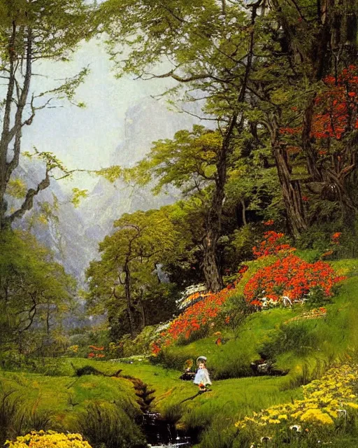 Image similar to detailed painting of a beautiful glen, untouched by humans for years, with a brooding fairy inside it. sunlight beams down on the scene and you can tell it is spring from the flowers. perhaps a party of adventurers or a lone traveler is entering the scene from the a path. by norman rockwell