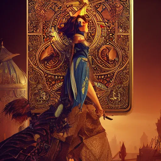 Image similar to tarot card style, lady luck on a tower, scales, sword, digital illustration, intricate, highly detailed, elegant, full color, cinematic lighting, octane render, hyper realism